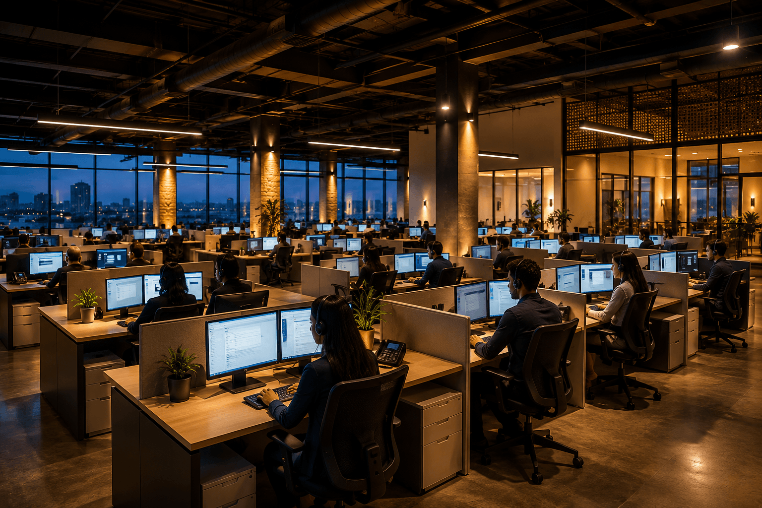 Un amplio y bien equipado piso de operaciones de centro de contacto al anochecer, con estaciones de trabajo limpias y amplio espacio entre escritorios.